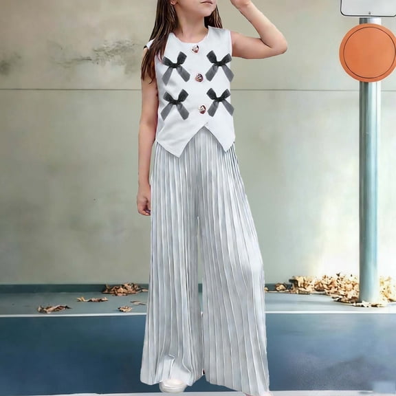 Girls Summer Clothing Set Single Breasted Sleeveless Round Neck Bow Blazer Vest with Pleated Wide Leg Pants 2 Piece Outfits White 8-9Years