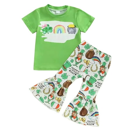

0-4T Kids Baby Girl St. Patricks Day Outfit Printed Tops + Flare Pants with Headband Outfit