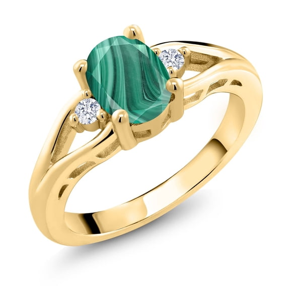 Gem Stone King 18K Yellow Gold Plated Silver Green Malachite 3 Stone Engagement Ring for Women | 2.06 Cttw | Oval 8X6MM | Round 2MM | Gemstone Birthstone | Size 6