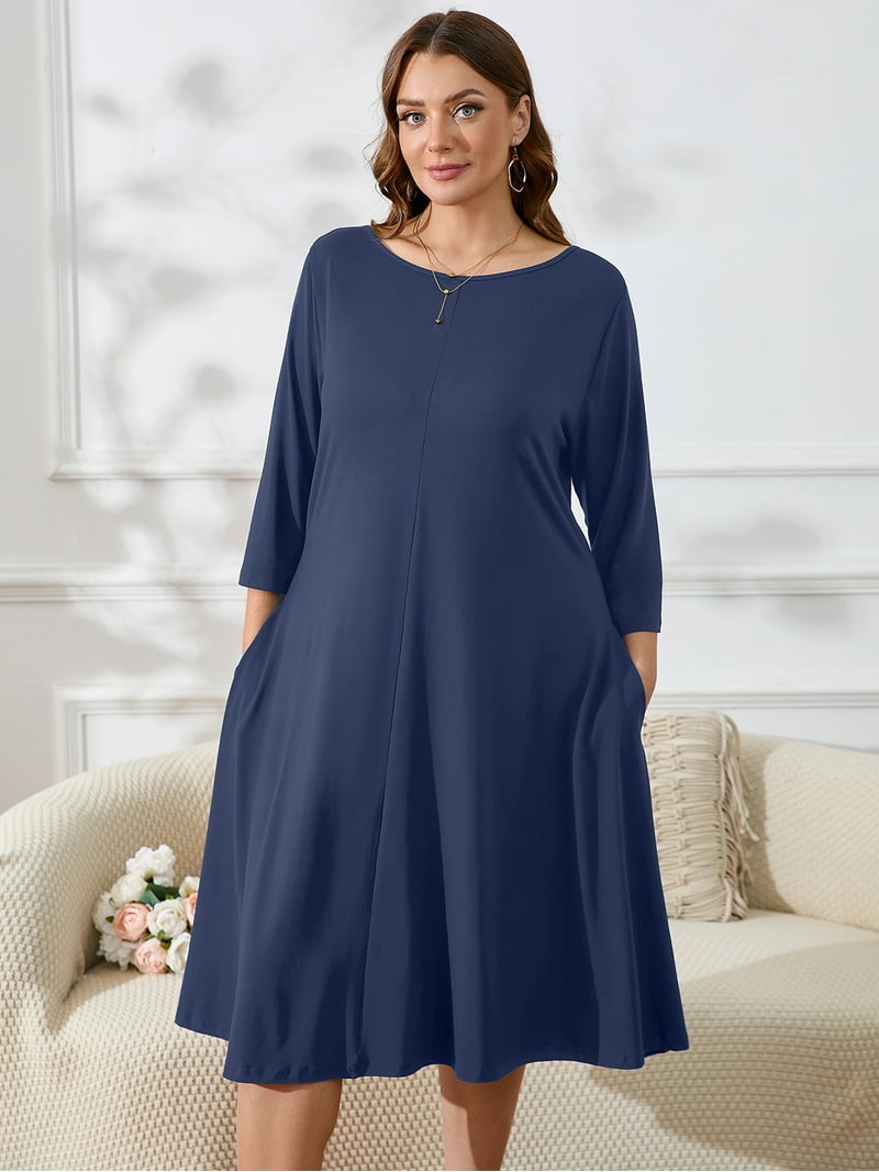 SHOWMALL Womens Plus Size Midi Dresses Navy Blue 3X Shirt Dresses 3/4  Sleeves Casual Dress Boat Neck Flowy Dress with Pockets - Walmart.com