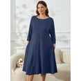 thumbnail image 2 of SHOWMALL Robes Midi Grande Taille pour Femmes Bleu Marine 1X Robe Chemise Manches 3/4 Robe Décontractée Col Bateau Robe Fluide avec Poches, 2 of 6