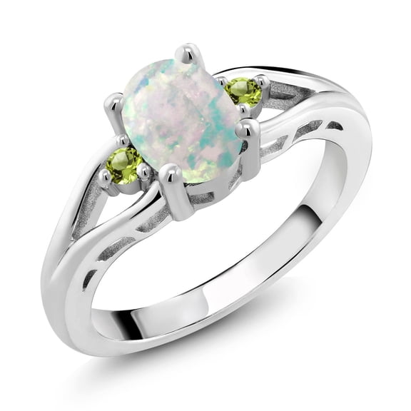 Gem Stone King 925 Sterling Silver White Simulated Opal and Green Peridot 3 Stone Engagement Ring for Women | 1.15 Cttw | Oval Cabochon 8X6MM | Round 2MM | Gemstone October Birthstone | Size 6