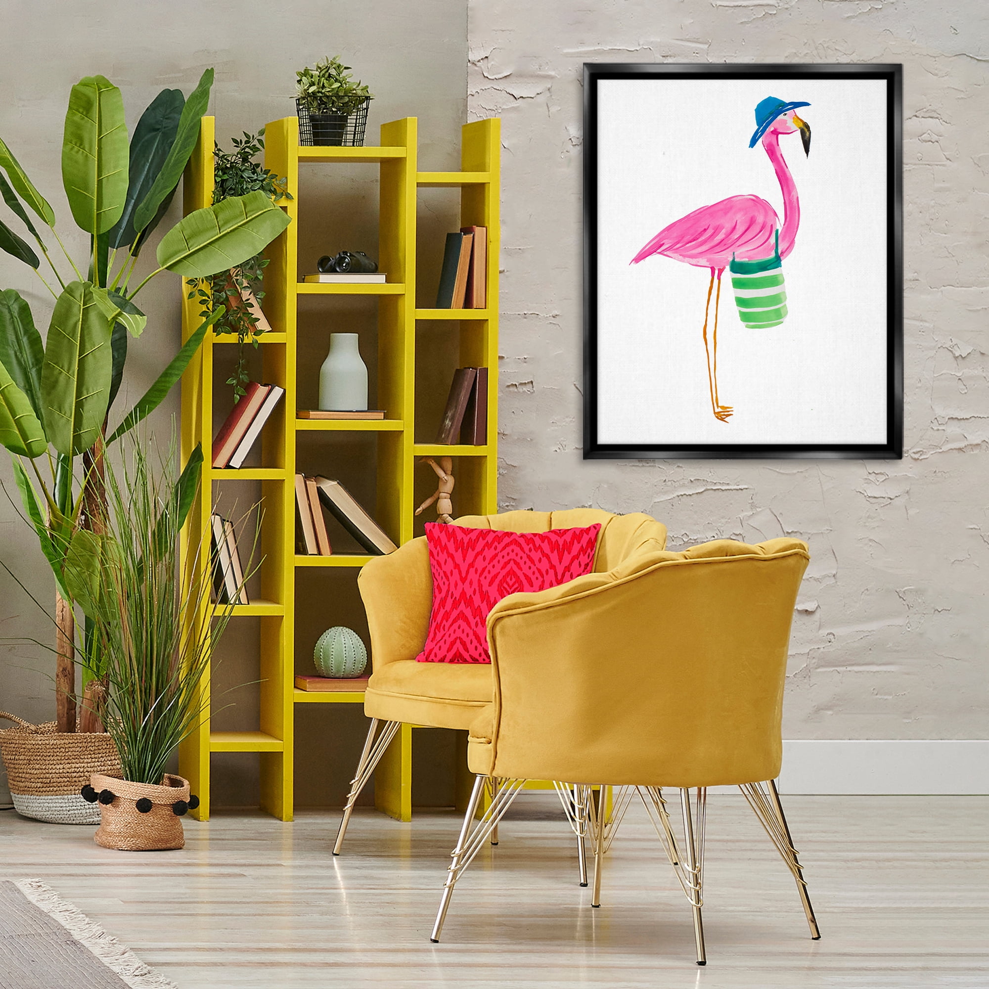 Stupell Industries Flamingo with Beach Bag Animals & Insects Painting Black Floater Framed Canvas Art Print Wall Art, 25 x 31