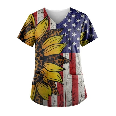 

DTBPRQ 4th of July Women Scrubs Top Indepence Day American Flag Print Shirts V-Neck Workwear Short Sleeve Lightweight Shirts Scrubs with Pockets