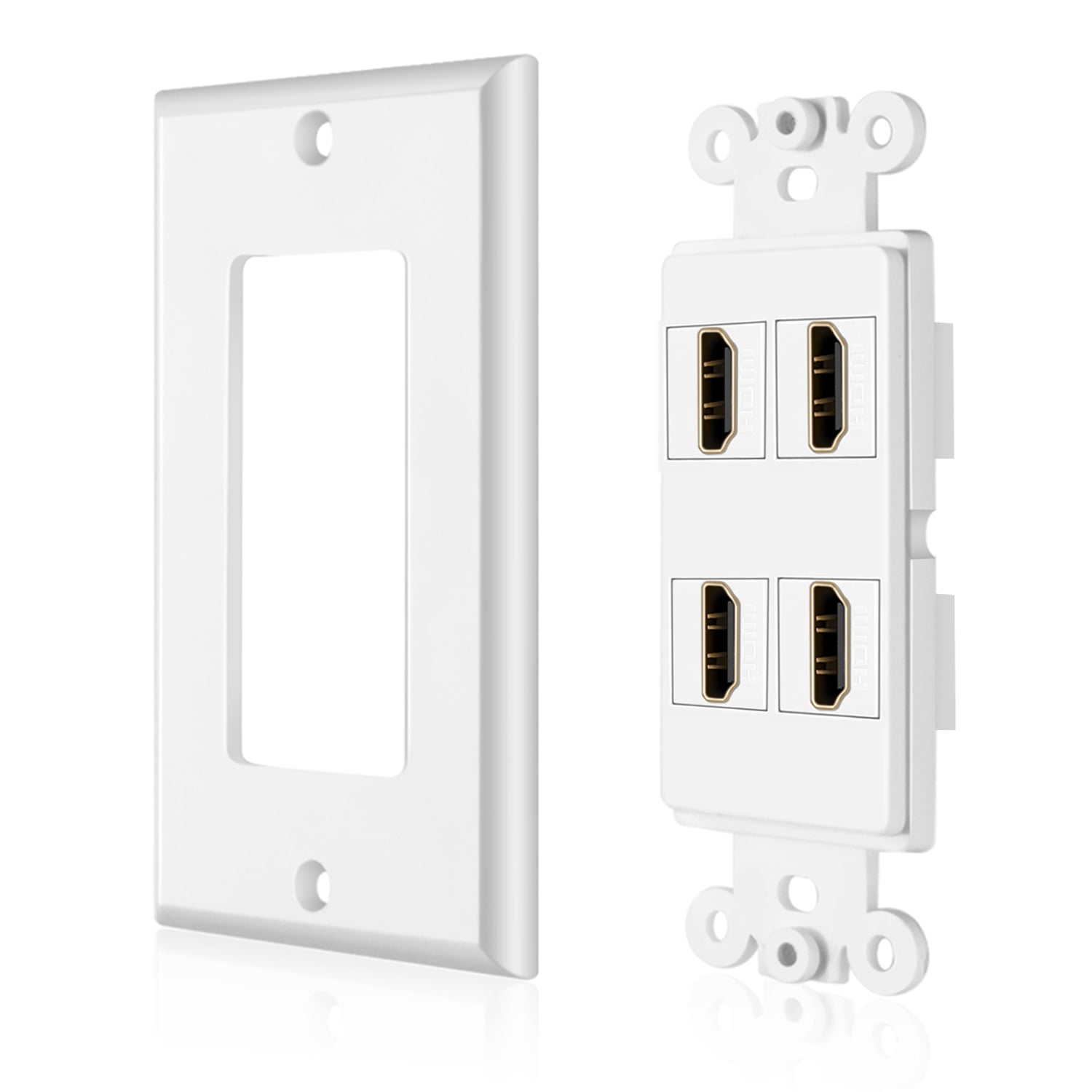 CMPLE HDMI Wall Plate Dual-Port White Wall Plate 4” Rear Extension Cable,  2-Port HDMI Insert (4K UHD, ARC, and Ethernet Pass-Thru Support)