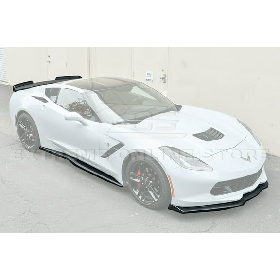 For 2014-2019 Corvette C7 | Z06 Stage 2 ABS Plastic Plastic-BLACK Front Lip Splitter CARBON FIBER End Caps & Side Skirt Rocker Panels With Rear Spoiler Full Assembly Combo Kit 
