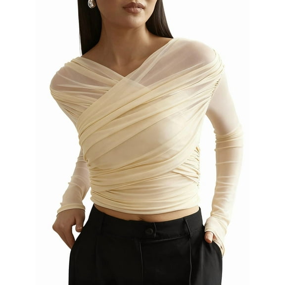 Women'S Trendy V-Neck Long Sleeve Sheer Mesh Ruched Going Out Tops Light Apricot Color S