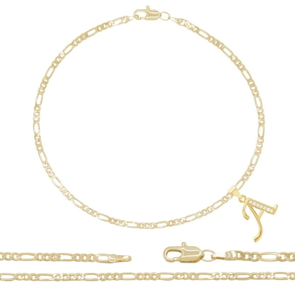 BEBERLINI Women Letter A CZ Charm Anklet 14K Gold Filled Figaro Chain Bracelet Jewelry