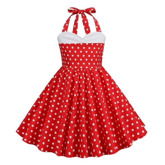 Casual Halter Dress Girls 3-7t Retro 90s Point Ruffle Swing Midi Dress Cute Back to School Fashion Clothes, Red, 4 Years