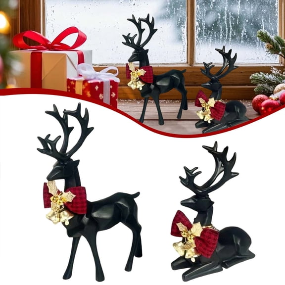 olkpmnmk 2Pcs Christmas Reindeer Figurines Decorations, Standing & Lying Plastic Deer Statues with Bow Bells, Reindeer Decor for Living Room, Holiday Home Desktop Display Christmas Table Decor