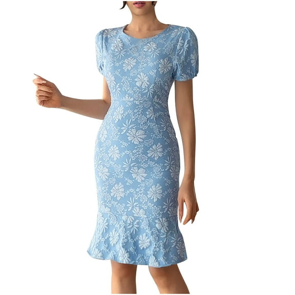 Women's Floral Printed Fishtail Dresses Short Sleeve Crew-Neck Slim Fit Dress Simple Fashion Ruffle Hem Midi Dress