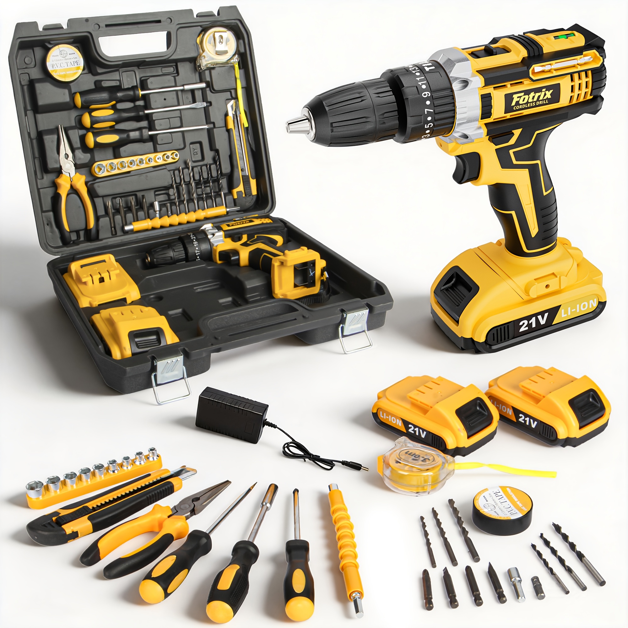 21V Cordless Drill Tool Sett, 2 Speed, Keyless 3/8" Chase Drill with LED Light, Two batteries&plastic case packaging