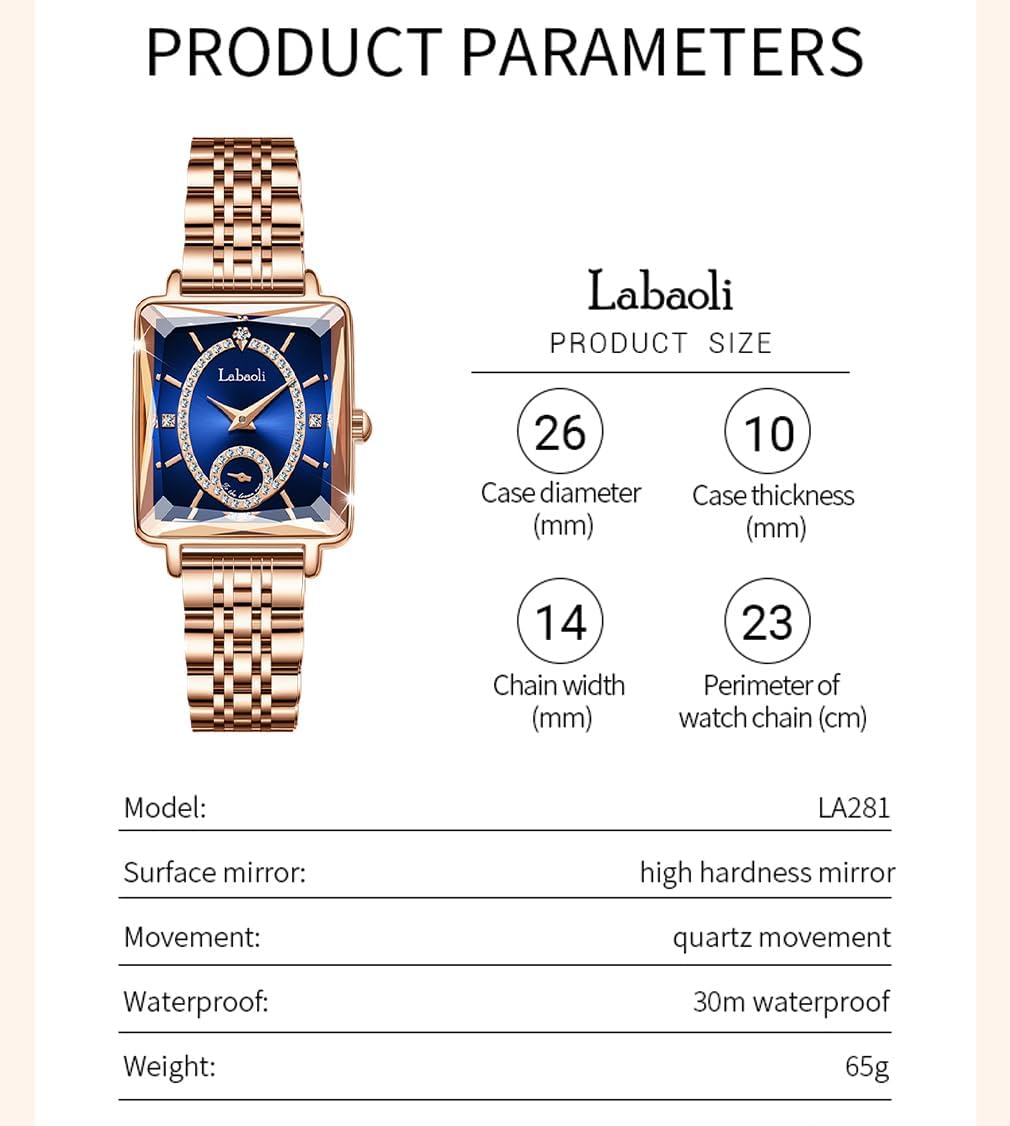 Watches for Women Rose Gold Square Stainless Luxury Fashion Diamond Analog Quartz Waterproof Dress Casual Small Simple Ladies Female Wife Gifts Gold Wrist Watch