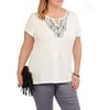 Karen Brooks Women's Plus Embroidered Knit Short Sleeve Shirt with Tassels