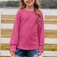 thumbnail image 2 of Fesfesfes 6-16 Years Girls Cute Pleated Long Sleeve T Shirts Kids Summer Crewneck Shirts Casual Tops Tees Hollow Out Shirts Ruffle Cuffs Blouse(Hot Pink,10-12 Years), 2 of 8