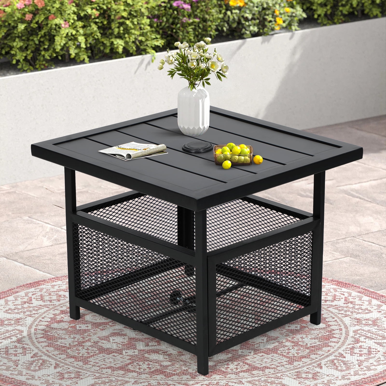 SUNCROWN Patio Bistro Table Outdoor Square Metal Outdoor Metal Umbrella Base Stand with 1.57" Umbrella Hole, Black