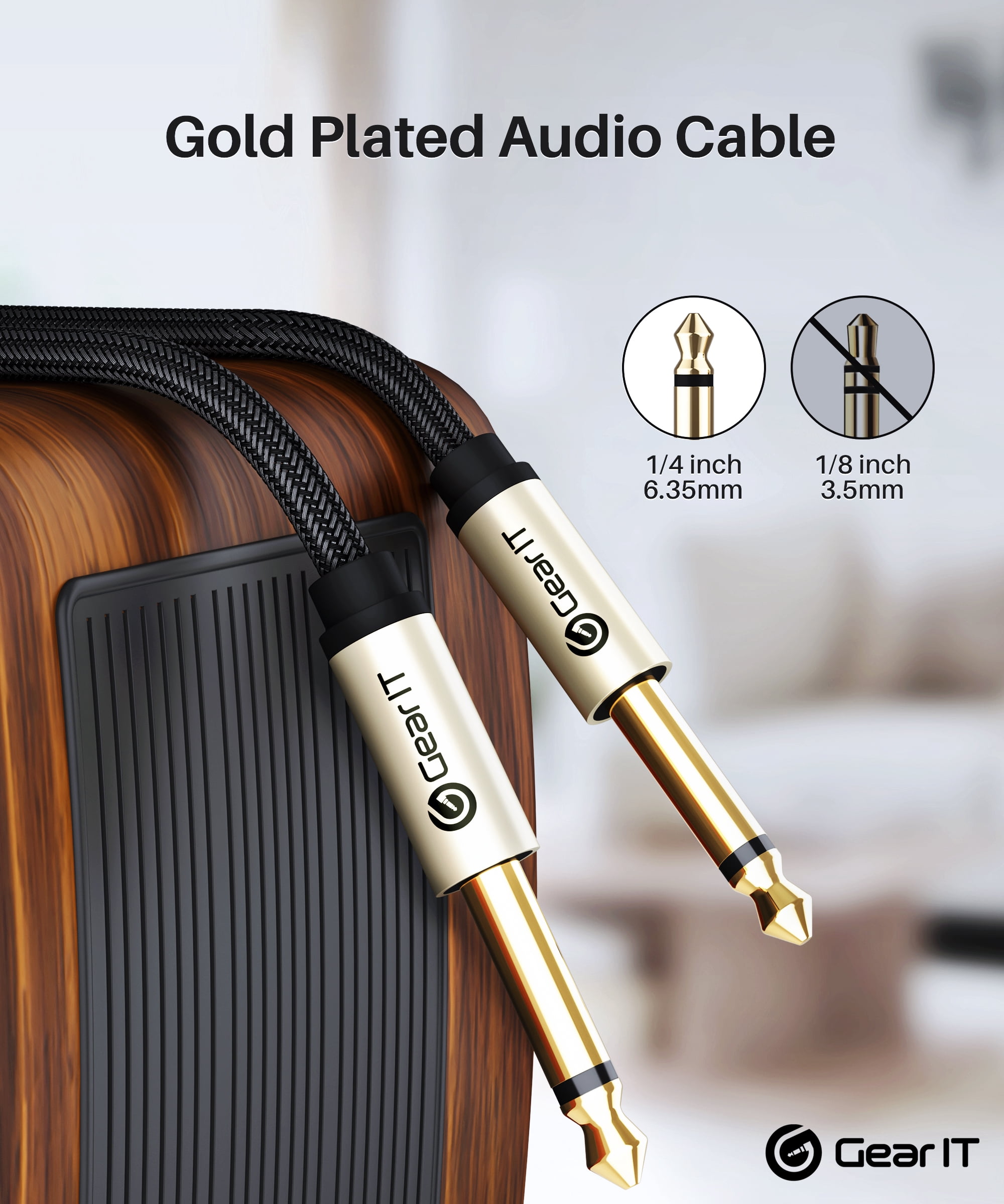 GEARit Guitar Instrument Cable, 1/4 Inch to 1/4 inch TS Straight Male to Male 6.35mm Mono Jack with Alloy Connector and Nylon Braid, 15 ft, 2 Pack