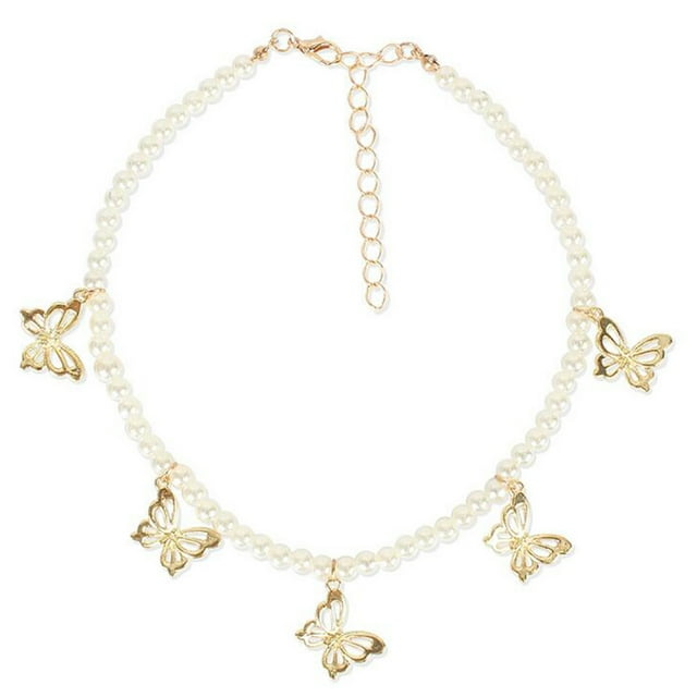 Butterfly Pendant Necklace Creative Faux Pearl Choker Necklace Clavicle Chain