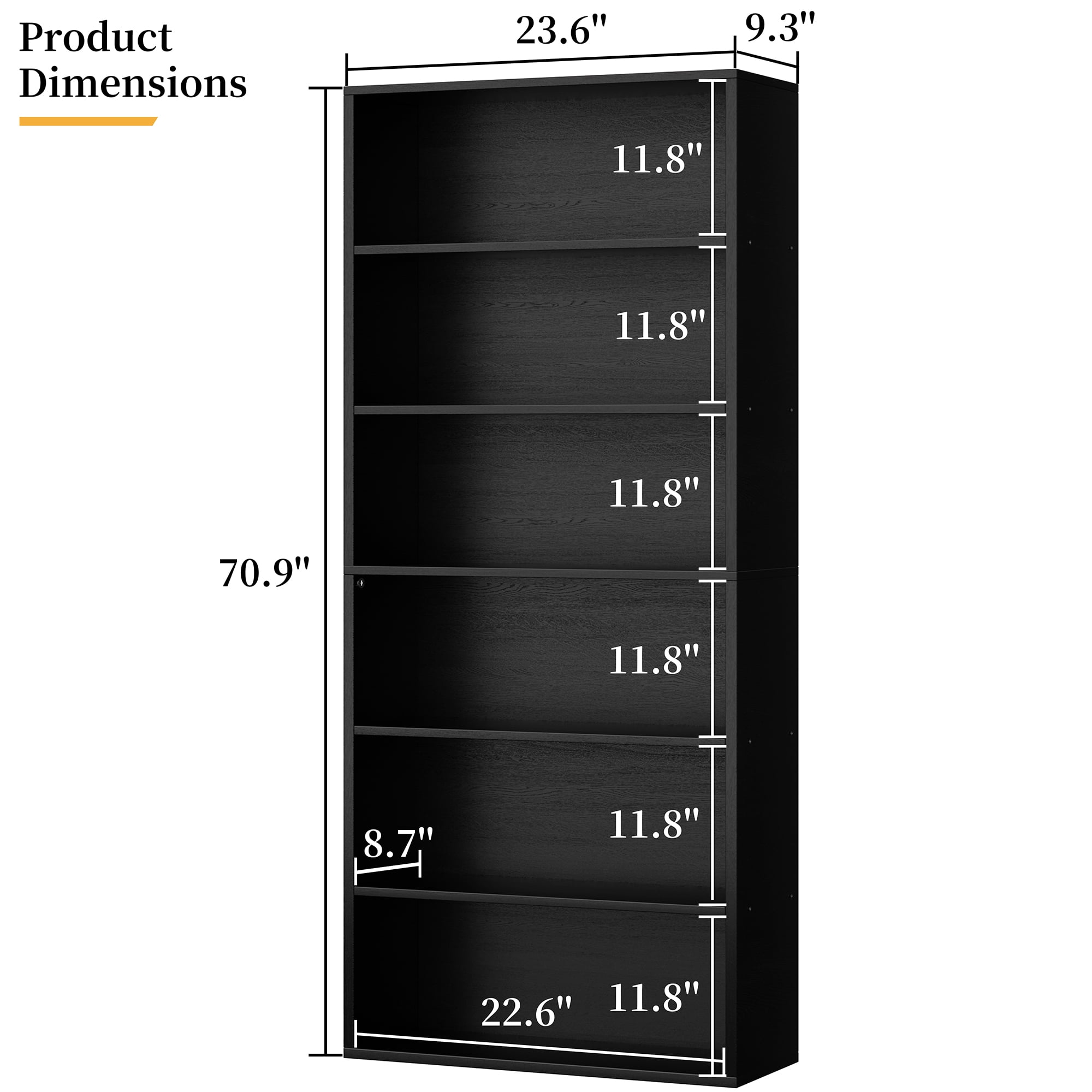 Walsunny 6 Tier Bookshelf Standard Wooden Bookcase Display Shelf with Storage Anti-tipping Device for Home Office Living Room Black