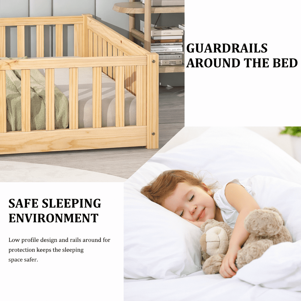 Twin Size Floor Bed with Door and Fence, UHOMEPRO Montessori Floor Bed with Slats and Safety Guardrails, Solid Wood Twin Bed Frame for Bedroom, Natural