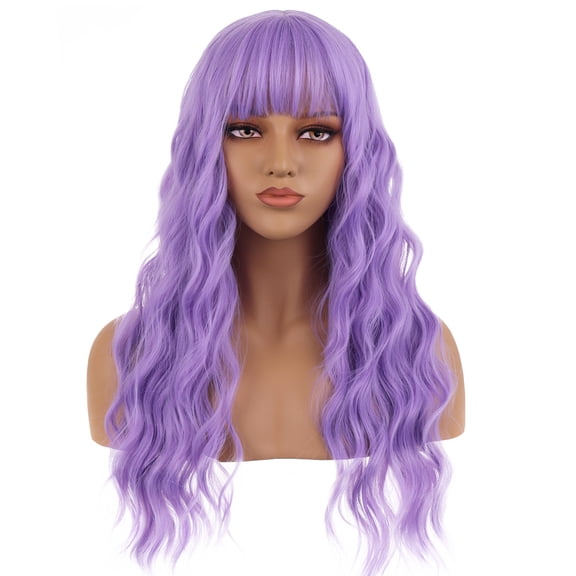 RightOn 23" Purple Wig Long Curly Purple Wig with Bangs Purple Wig for Women Girls Lavender Purple Wigs Synthetic Wig with Wig Cap