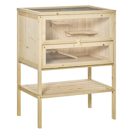 SAZYY 3-Tier Wooden Large Hamster Cage with Openable Top, Front Door & Storage Shelf - Mice & Rat Hutch, Nature Wood
