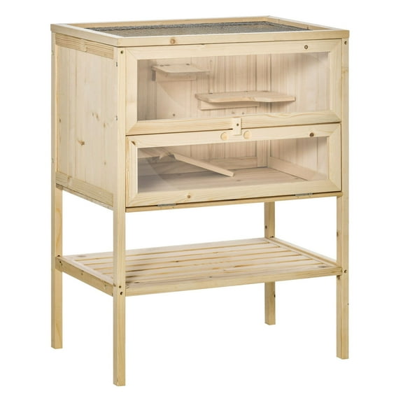 SAZYY 3-Tier Wooden Large Hamster Cage with Openable Top, Front Door & Storage Shelf - Mice & Rat Hutch, Nature Wood