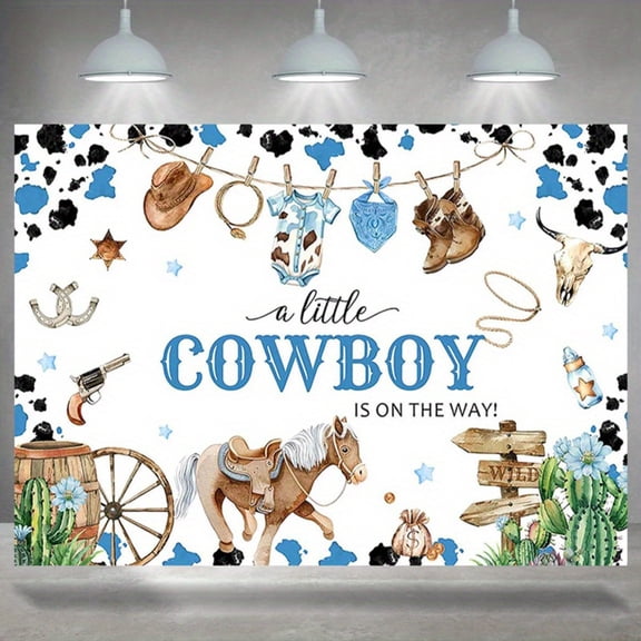 1pc Western Cowboy Theme tapestry- "A Little Cowboy Is on The Way! " Banner with Hats, Boots, Saddle, And Cactus Decorations - Polyester Photo Booth Prop for Youngsters Shower Party, Western Party