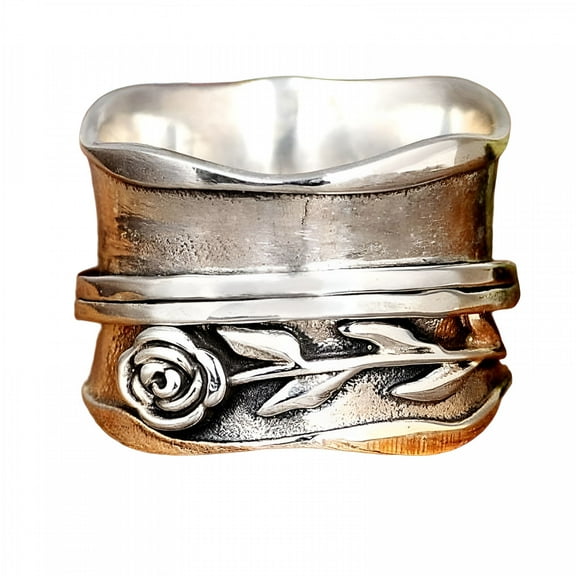 DESIGNICE 925 Sterling Silver Spinner Ring for Women Rose Flower Fidget Anxiety Relief Wide Band