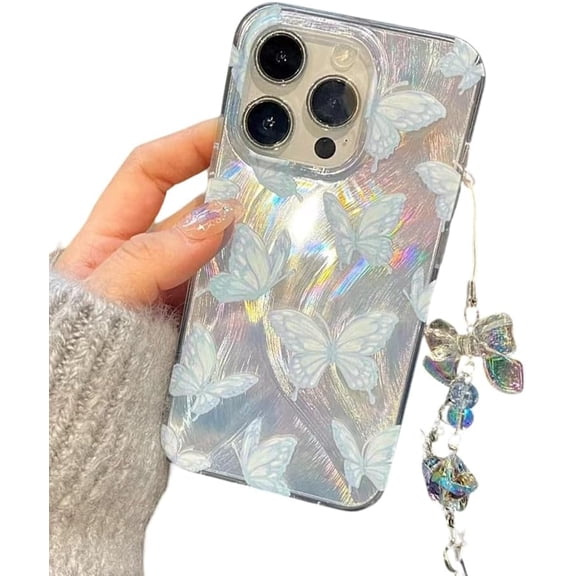 Designed for iPhone Case,Luxury Glitter Feather Butterfly Pattern with Hand Bracelet Shockproof Protective Cover Phone Case (iPhone 14 Pro,White)