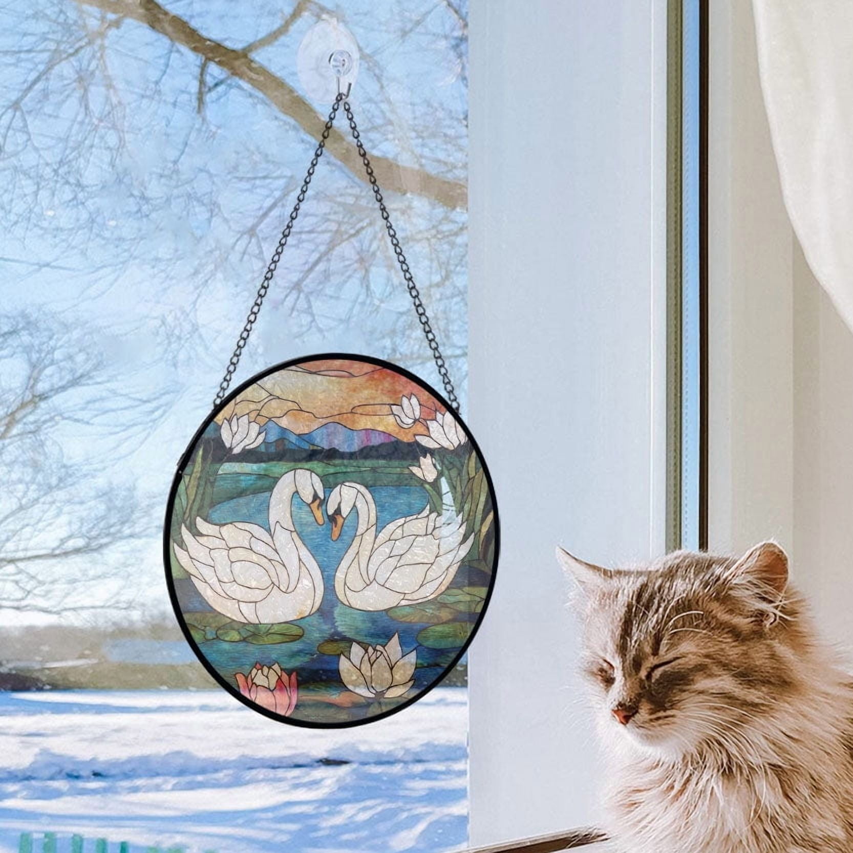 Stained Glass Window Hanging Swans - Stained Glass Window Hanging Swans, Festival Gift Ornament, Home Wall & Window Art, Brightens Any Space with Light