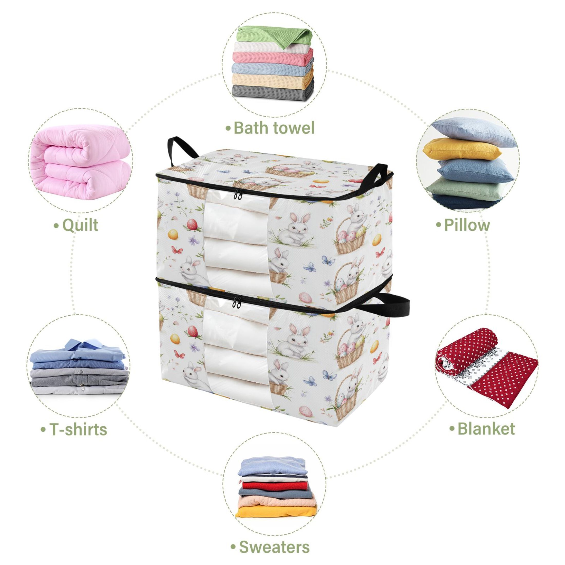 Foldable Clothes Storage Bags Clothes Organizer Bin with Clear Windows for Clothes Bedding Easter Bunnies and Baskets