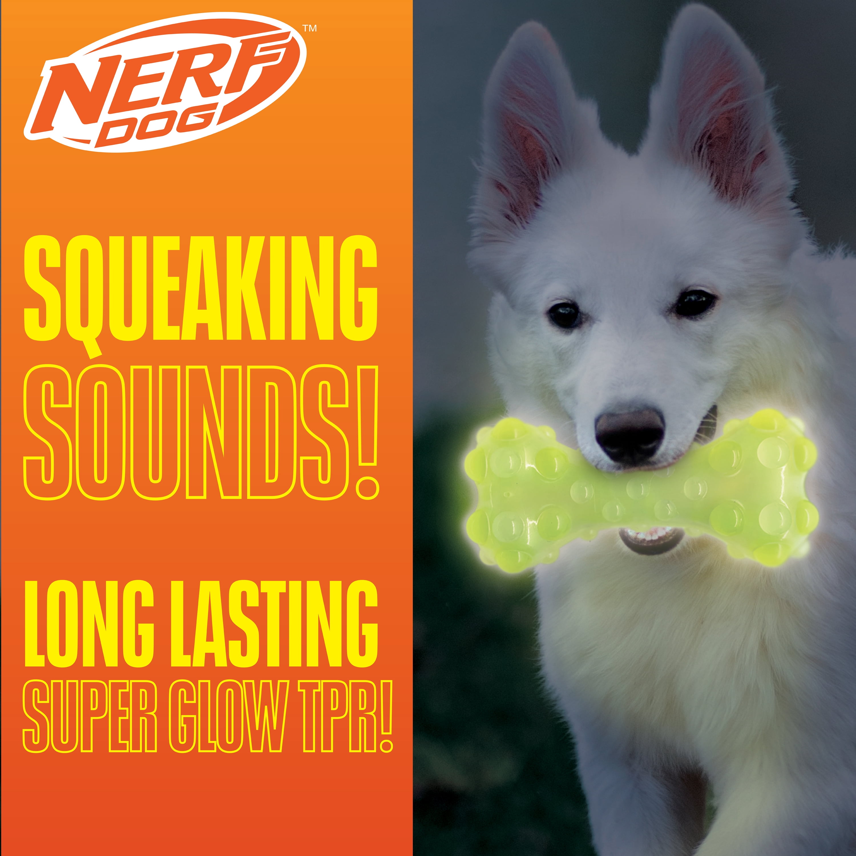 Nerf Dog TPR Squeak Glow Bubble Bone, 7 inch
