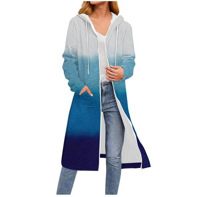 Chandails à Capuchon pour Femmes Grande Taille Automne Hiver Mode Décontractée Chandails en Molleton à Capuche avec Poche Mode Imprimé Manches Longues à Capuche Poche Fermeture Éclair Cordon de Serrage Hauts de Poche Chandails en Molleton Bleu G