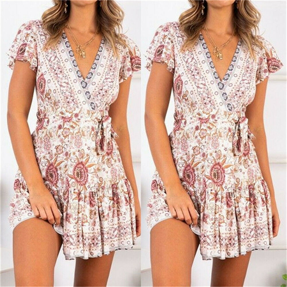 Women Short Sleeve Wrap Boho Floral Mini Dress Ladies Summer Sundress ...