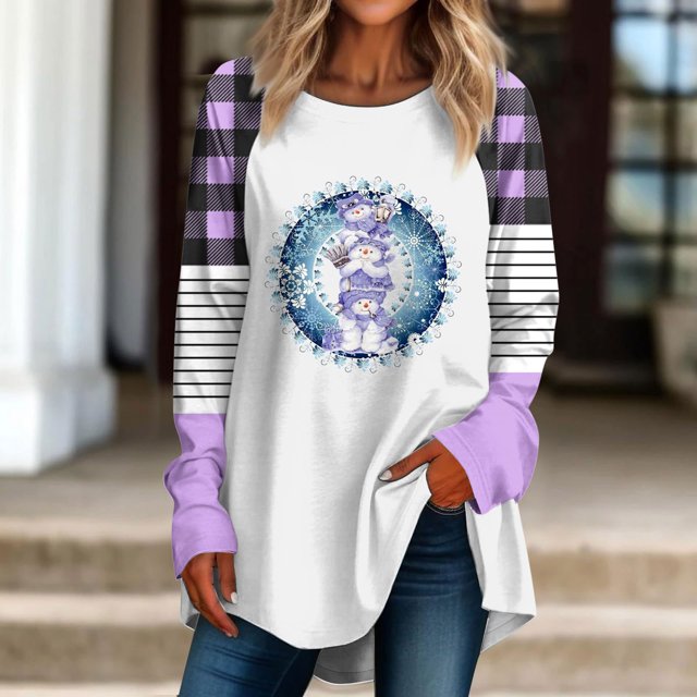 LSLJS Hauts pour Femmes Tendance, T-Shirt Décontracté à Manches Longues Imprimé Col Rond Ample, Blouse/violet, (S)