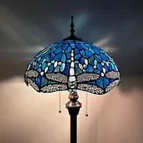 Enjoy Décor Lamps 64-Inch 2-Light Dragonfly Tiffany Style Floor Lamp with Stained Glass Blue Bowl Shade, 1 Count