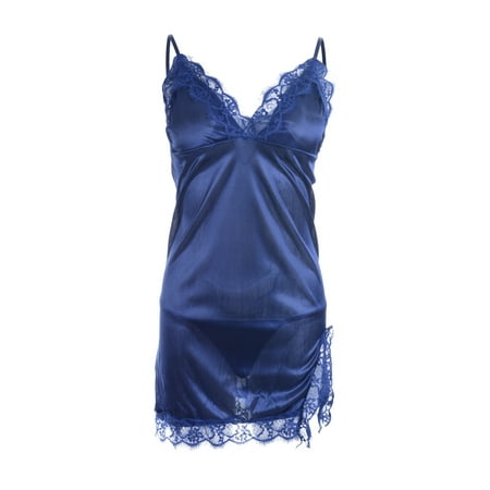 

Carolilly Women Sexy Nightdress Sleeveless V-neck Lace Patchwork Silk Dress