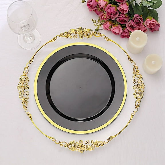 Balsa Circle 10 Black 10" Disposable Round Plastic Dinner Plates Gold Rim Party Tableware