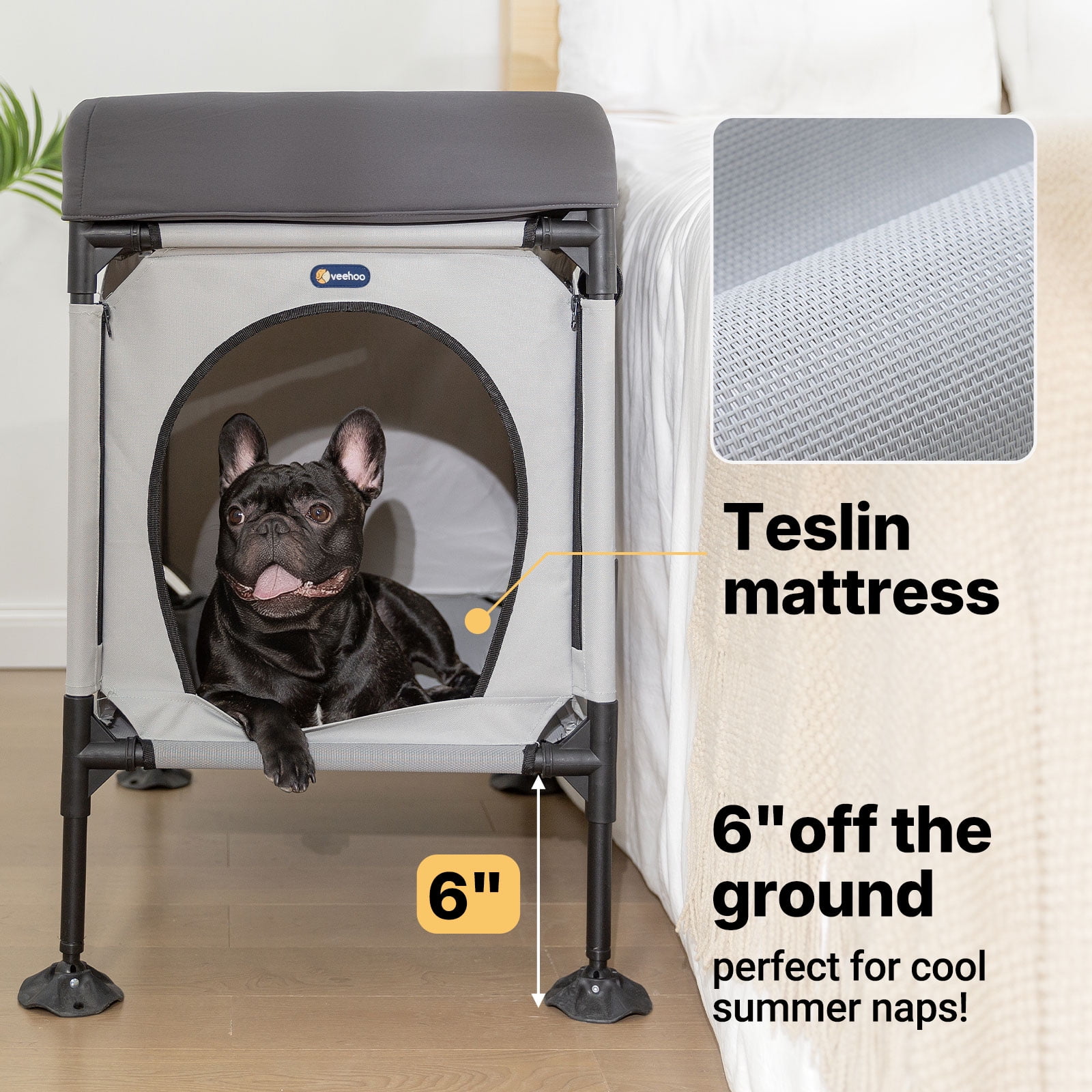 Veehoo Dog Bunk Bed, Attachment to Human Bed, Bedside Dog Cot for Cat & Dog, Pet Window Perch, Grey