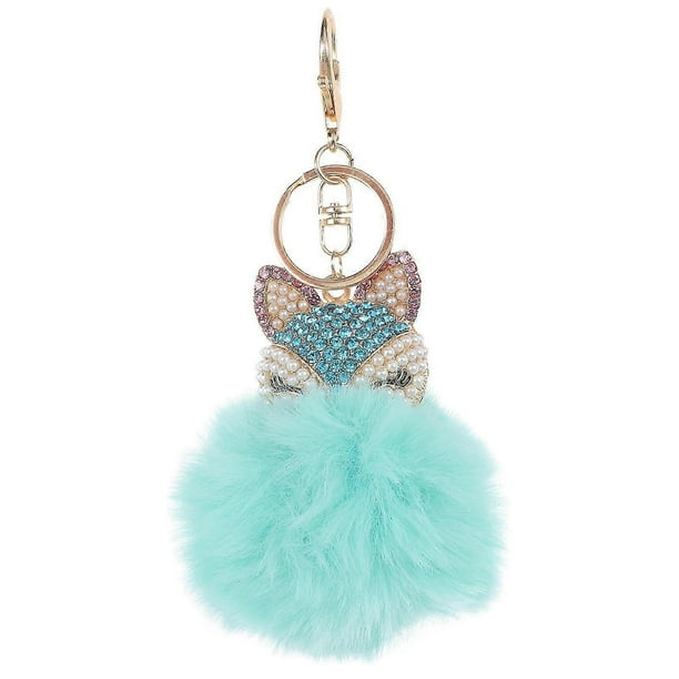 Fluffy Ball Keychain with Pearls Rhinestones Inlay Key Chain for Womens Bag / Cellphone / Car Pendant (Light Green)