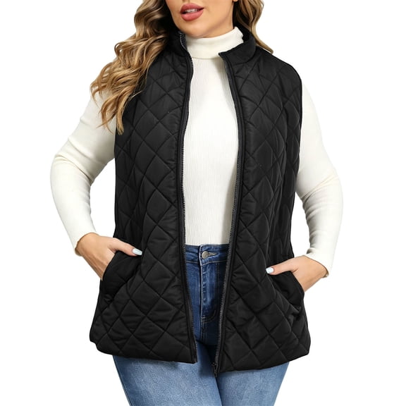 DISKEBUISS Plus Size Quilted Puffer Vest for Women Stand Collar Sleeveless Zip Up Gilet with Pockets for Fall Winter