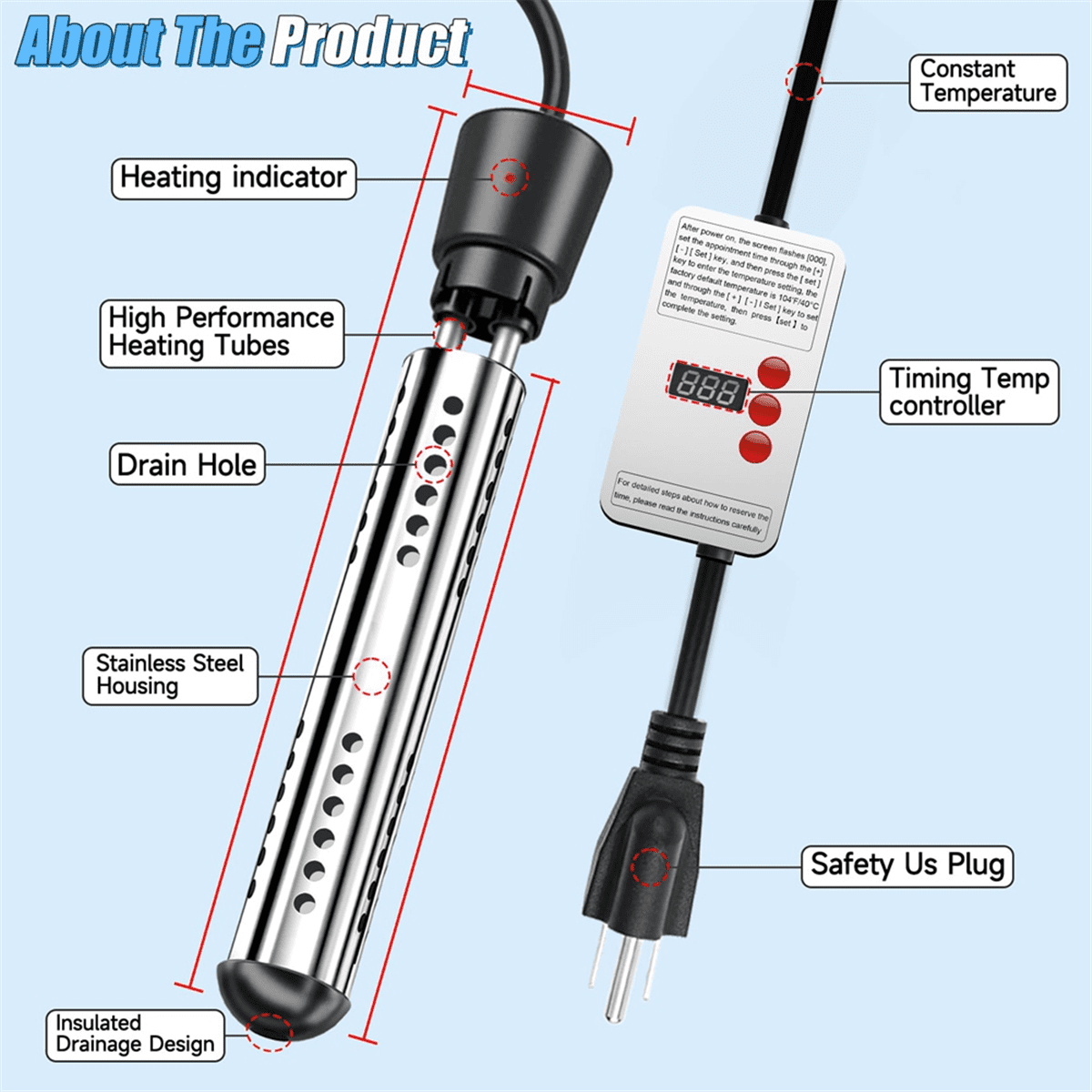 Water Heater,1500W Portable Electric 304 Stainless Heaters,for Pool Tub Buckets Motorhome Camping Outdoor Us Plug,1 x Water heater 1 x Thermometer 1 x Steel Wire Ball,Black