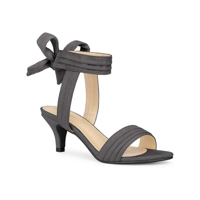 BLISSFUL STEP Women Open Toe Ankle Bow Tie Mid Heels Sandals Grey 9.5