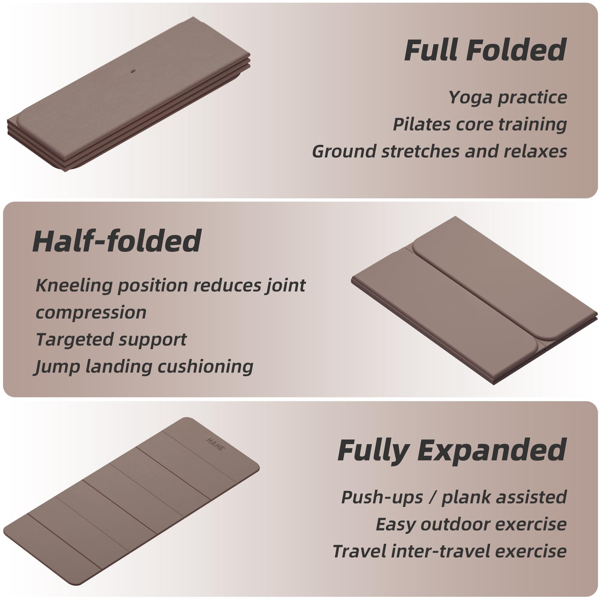 Brown Foldable Yoga Mat 74"L x32"W x 1/3" Thick for Home Workout and Travel