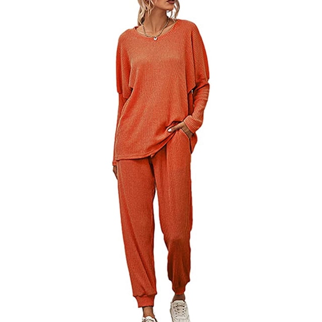 LUXUR Vêtements de Nuit pour Femmes, Pyjama à Cordon, Taille Élastique, Ensemble Décontracté, Haut et Pantalon, Orange 5TG