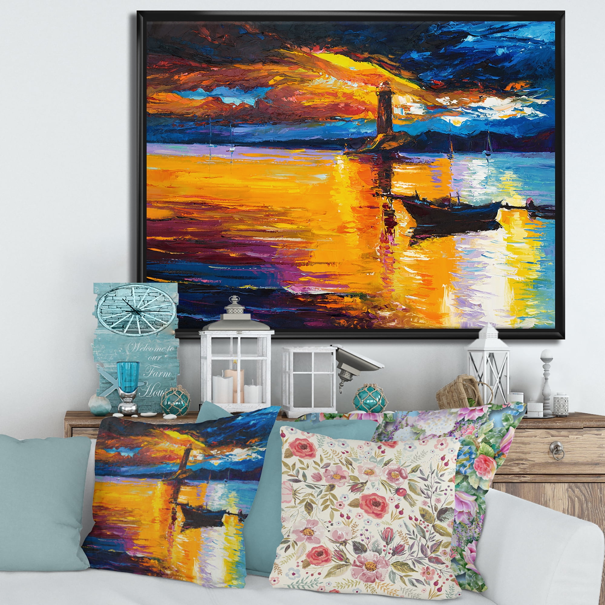 Little Boat By Lighthouse During Evening Glow 32 in x 16 in Framed Painting Canvas Art Print, by Designart