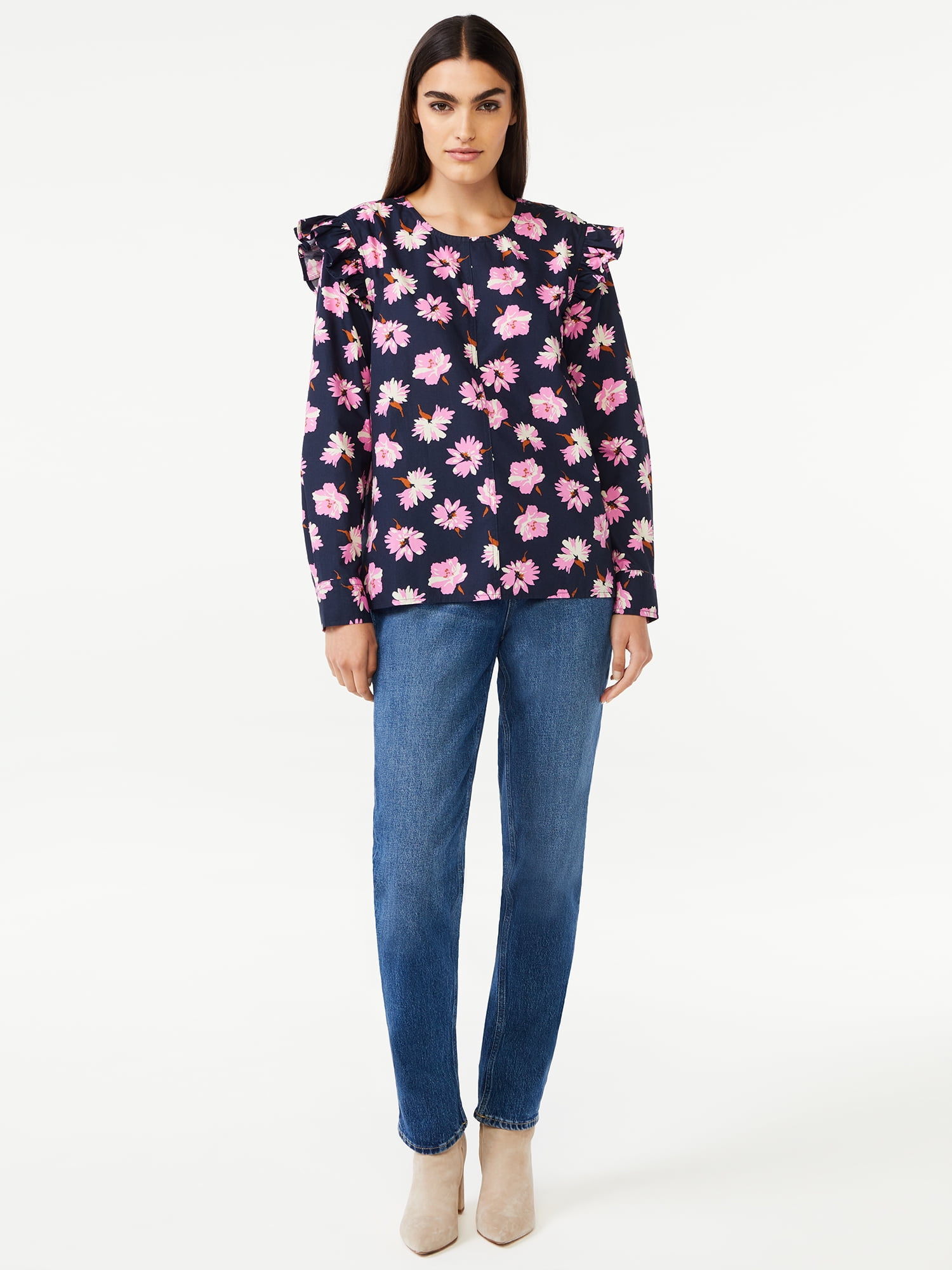 Free Assembly Women's Button Shoulder Blouse with Long Sleeves