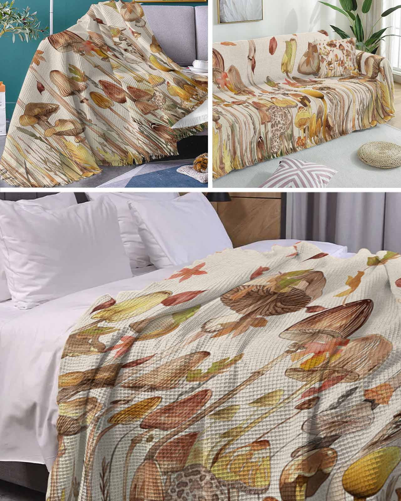 Autumn Mushroom Sofa Couch Covers for Dog,Washable Sofa Throw Cover Single Slipcovers for Armchair with Tassels,Fall Country Maple Leaves Beige Couch Protector Towel Blanket Medium 71''x91''