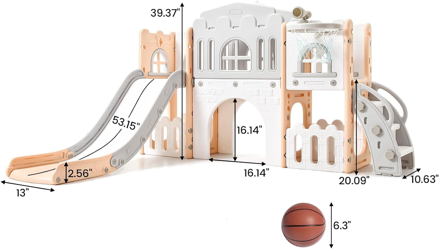 8 in 1 Toddler Slide Indoor Playground, Indoor Slide Toddler Playset for Toddlers 1-3, Kids Outdoor Playground with Slide, Basketball Hoop, Climber, Crawling Tunnel, Telescope, Pink & Grey
